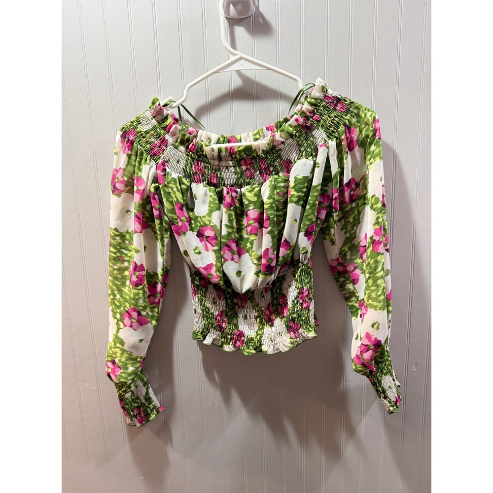 Bar III Womens Floral Off The Shoulder Smocked Crop Top Pink Green XS